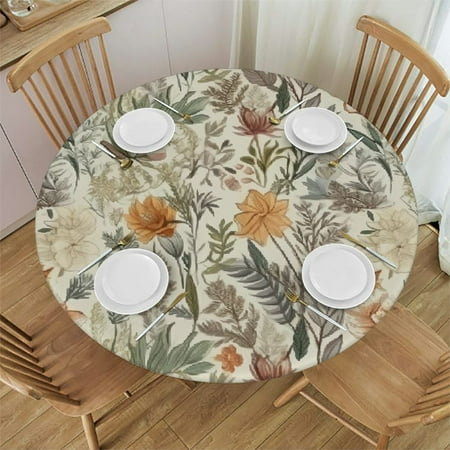 

Tllo0ord Tablecloth -Fitted with Elastic Fitted Round Tablecloth with Elastic Edge Spill Oil-Proof Waterproof Autumn Leaves and Plants Fits tables 31-35