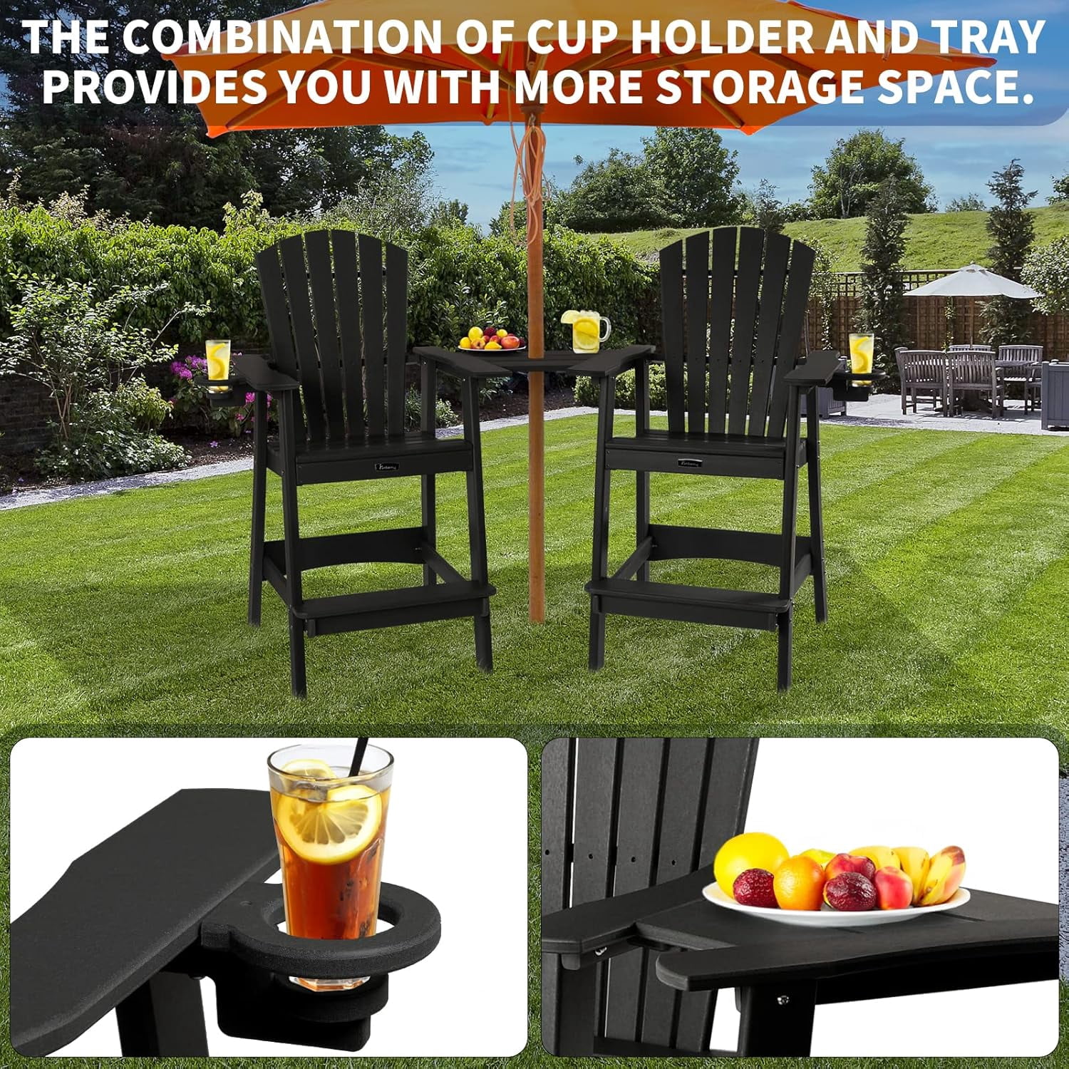 FUNBERRY Tall Adirondack Chairs Set of 2 with Removable Connecting Table, All Weather High Top Balcony Chair with Cup Holders