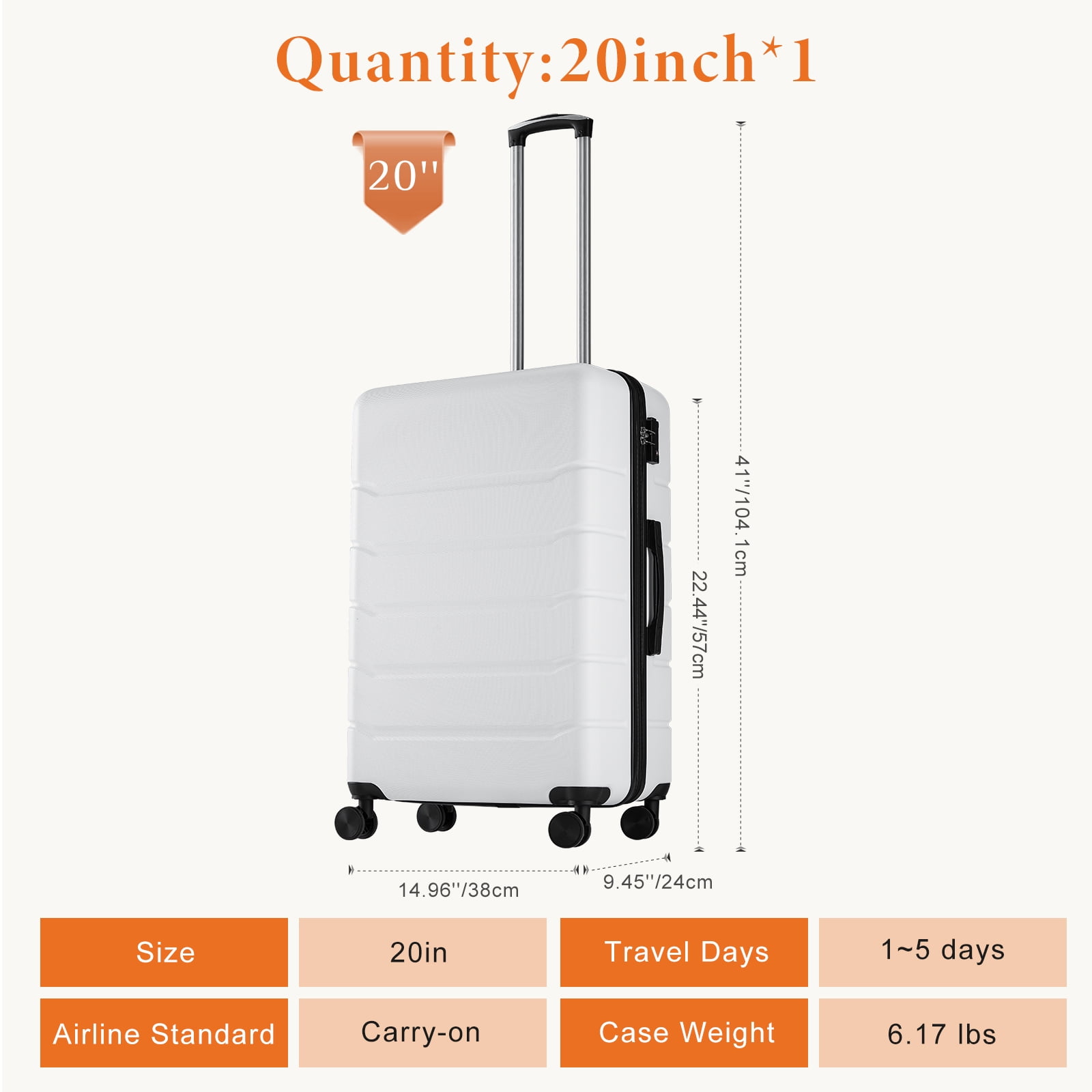 Sweetcrispy 20 inch Carry on Luggage, Hard Shell ABS Suitcase with Double Spinner Wheels, Lightweight Expandable Rolling Suit Case with TSA Lock, White