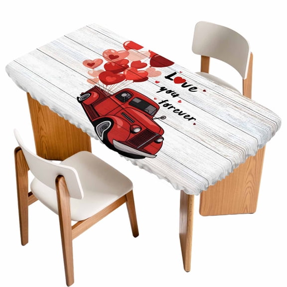 Vintage Valentine's Day Table Cloths for 6 Foot Rectangle Tables, Red Love Heart Truck Wooden Patio Waterproof Elastic Fitted Tablecloths, Washable Rectangular Table Cover for Camping