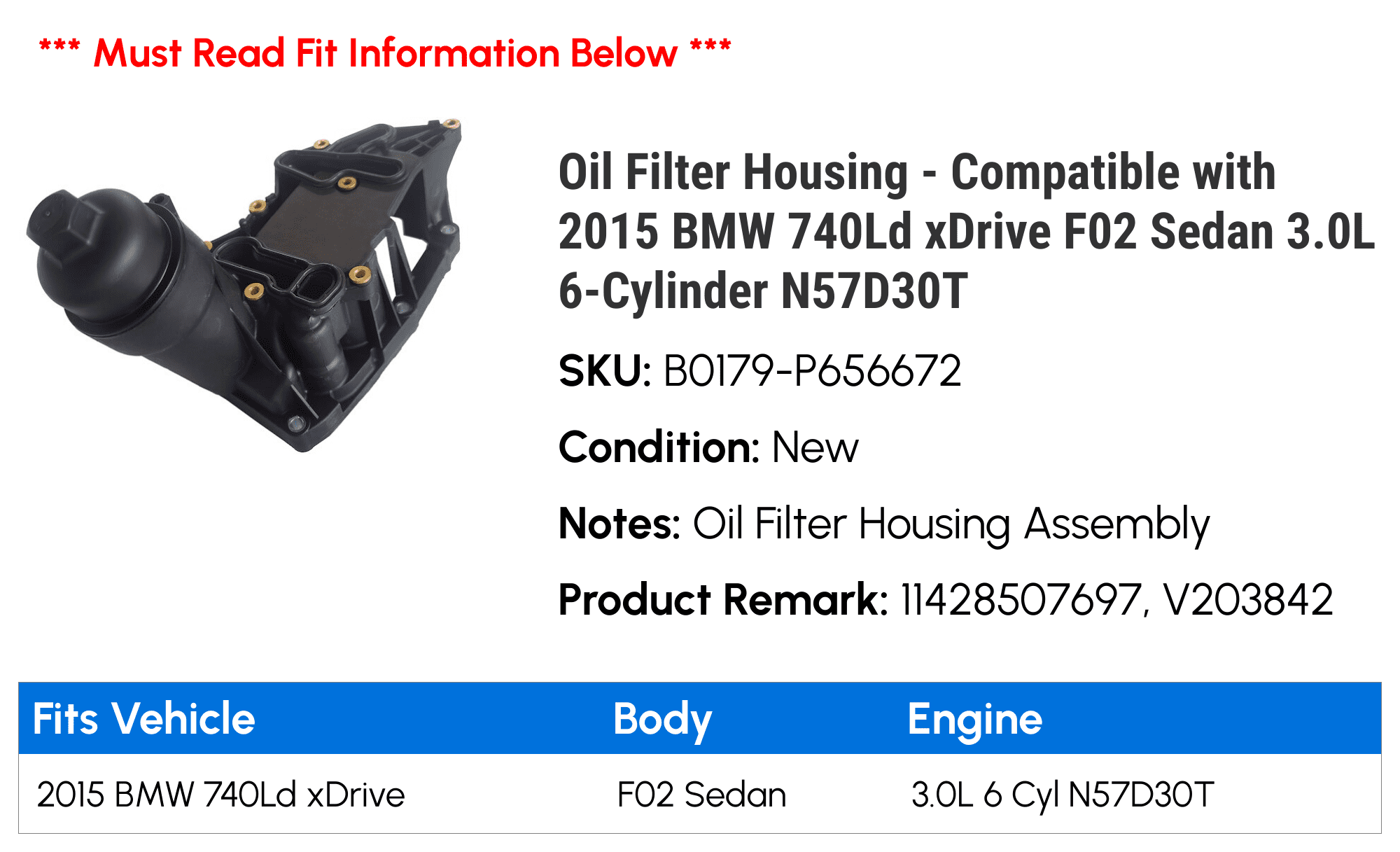 Oil Filter Housing - Compatible with 2015 BMW 740Ld xDrive F02 Sedan 3.0L 6-Cylinder N57D30T - Replacement