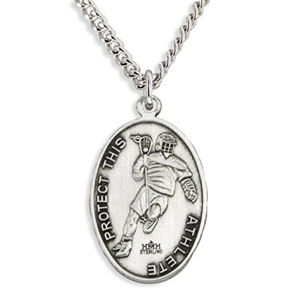 Heartland Store Men's Sterling Silver Oval Saint Christopher Lacrosse Medal + 20 Inch Rhodium Plated Chain & Clasp