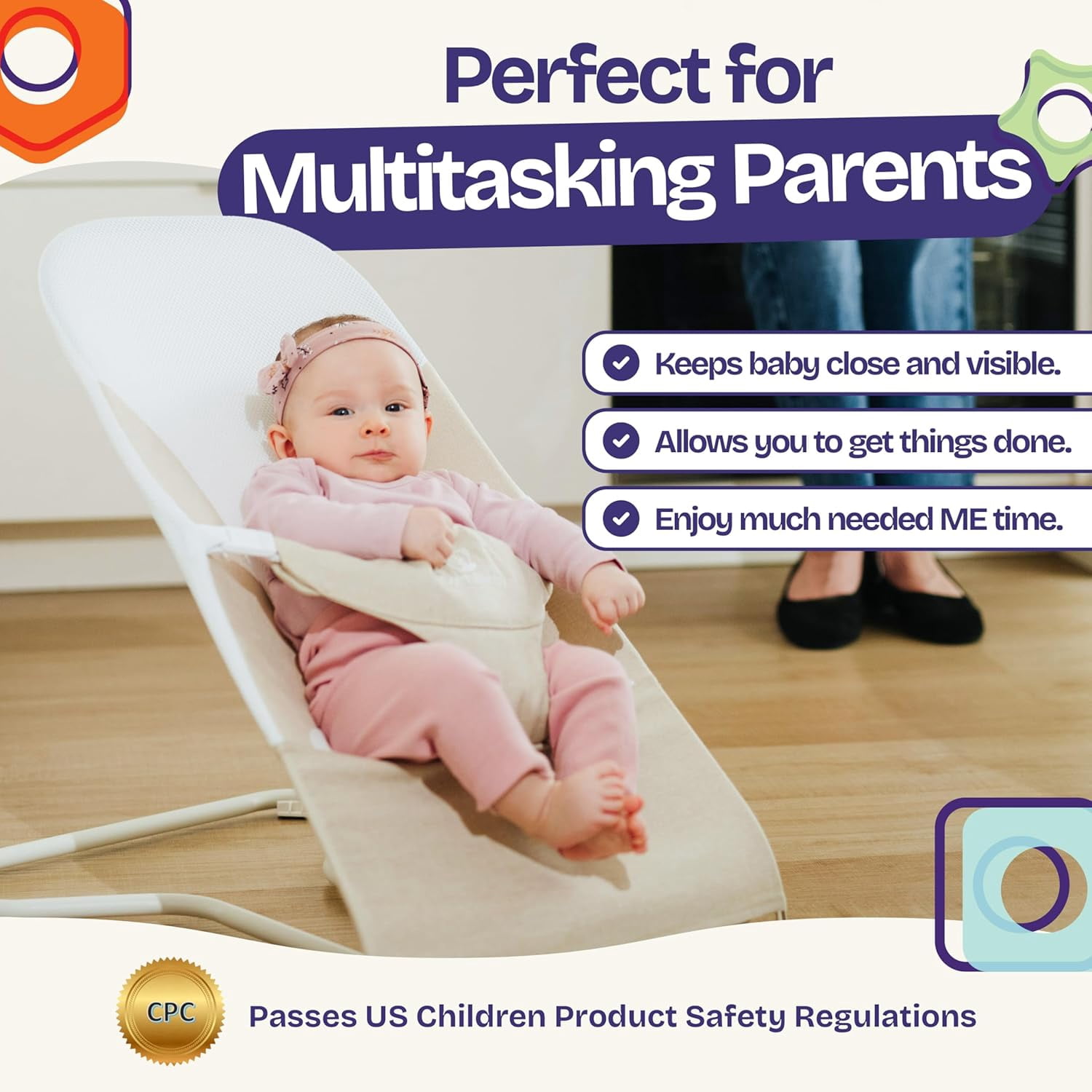 ComfyBumpy Ergonomic Baby Bouncer Seat - Portable Bouncing Chair with Adjustable Height-Oatmeal