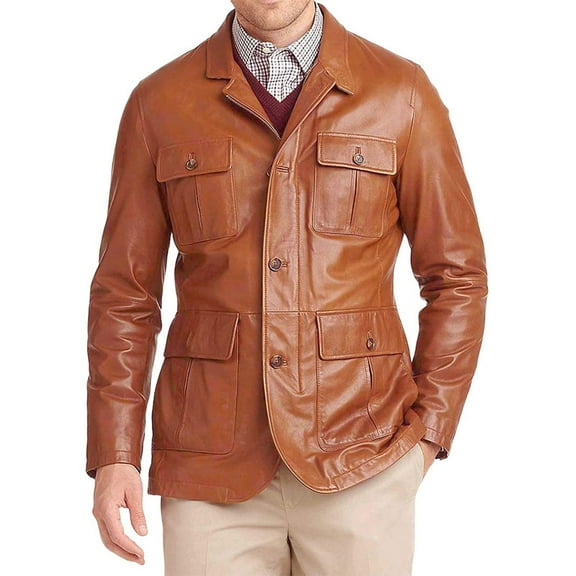 Elegant Stylish Brown 100% Genuine Lambskin Leather Lightweight Soft Satin lining with comforatble to carry Blazer for Men - XS Size