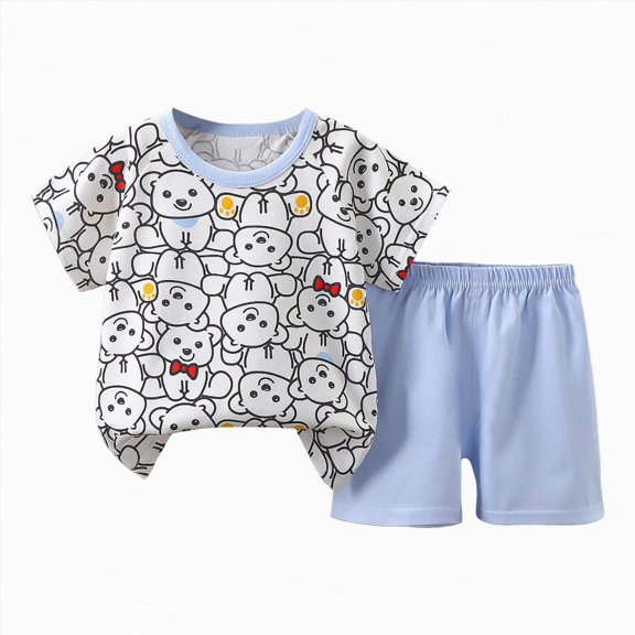 KPOPLK Toddler Kids Baby Girls Boys 2 Piece T-Shirt and Shorts Sets Round Neck Tee Lovely Graphic Elastic Waist Outfits Clothes Size 3-6 Months,Light Blue
