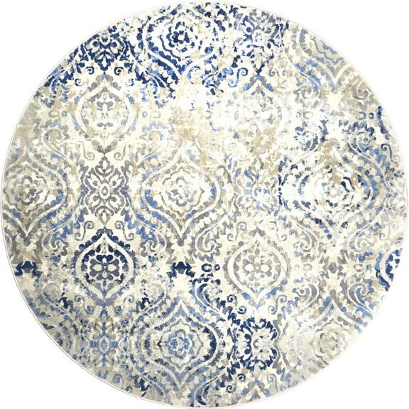 Home Dynamix Melrose Audrey Moroccan Ogee Damask Area Rug, Ivory/Blue, 5'2" Round