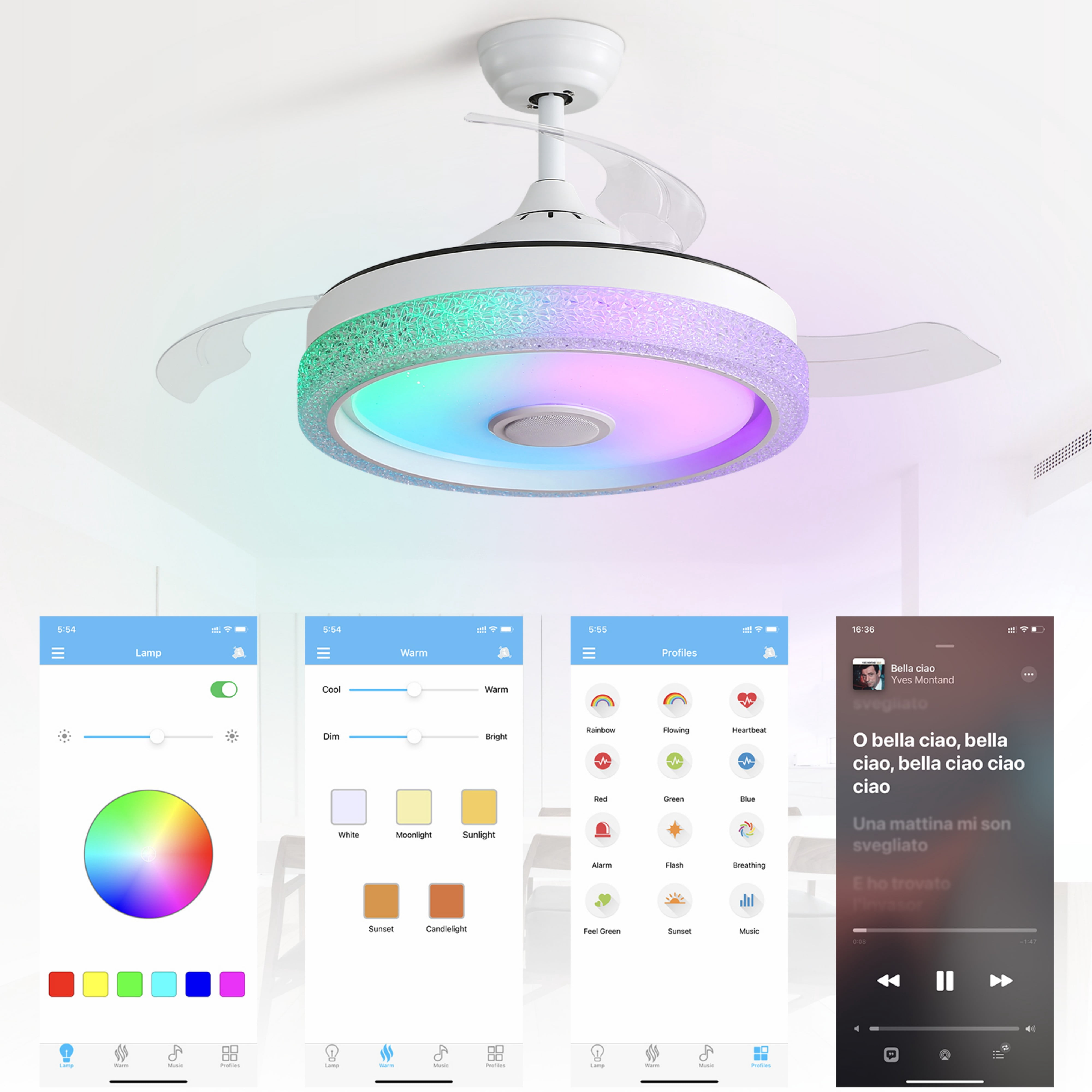 Sofucor 42 Inch Ret retractable Smart Ceiling Fan with Lights Bluetooth Control Speaker Dimmable Lights