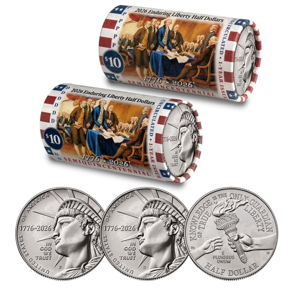 Collectible 2026 P & D Set • Enduring Liberty Half Dollar DECLARATION OF INDEPENDENCE Coin Rolls • America's 250th Anniversary