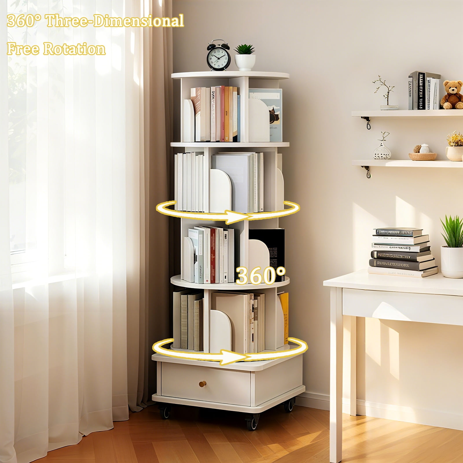 Paproos 5 Tier Rotating Bookshelf, 360° Display Wood Spinning Bookshelf Tower with Wheels and Bottom Drawer, Small Rotating Bookcase, Corner Book Shelf for Home Office, Bedroom, Warm White
