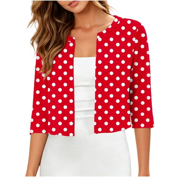 Karight Women Polka Dot Open Front Cardigan, Round Neck 3/4 Sleeve Lightweight Cropped Shrug, Soft Stretch Summer Layering Cover Up for Daily Office Casual Wear