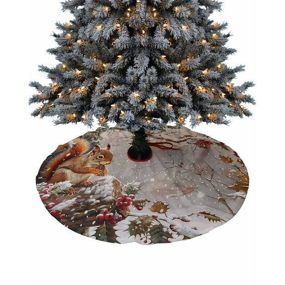 Christmas Squirrel Christmas Tree Skirt 36 Inches Large Christmas Skirt Tree, Xmas Snowflake Berry Snowflake Tree Skirt Christmas Decorations for Fireplace Party Holidays Indoor Outdoor