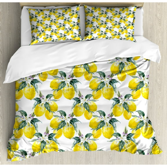 Ambesonne Bohemian Duvet Cover Set, Summer Season Fruits, Calking, Reseda Green Yellow