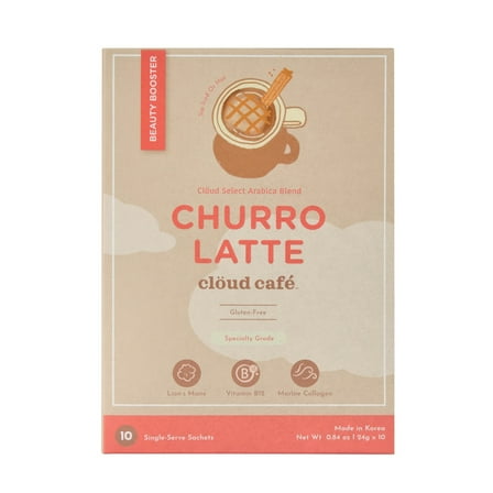 Clöud Café Collagen Infused Churro Latte Instant Coffee Packets - Vitamin B12, Marine Collagen, & Lions Mane Single Serve Instant Coffee (10 Sachets)