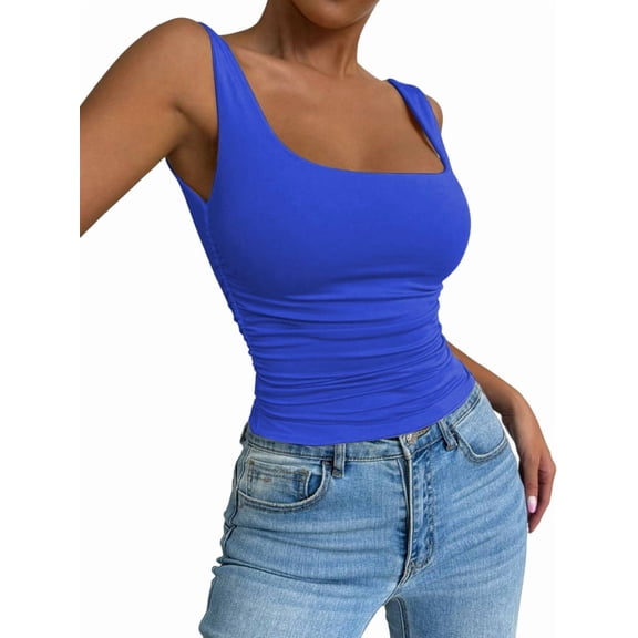 Women'S Summer Sleeveless Square Neck Tank Top Ruched Slim Fit Basic Vest Tops Royal Blue L