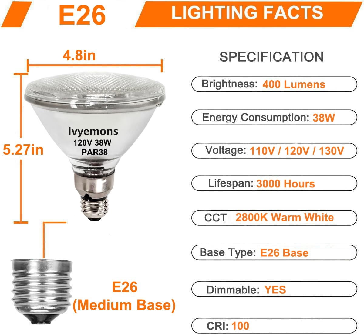 Ivyemons PAR38 Flood Llight Bulbs, 4 Pack High Output PAR38 Halogen Flood Light 38W 120V, PAR38 Halogen Dimmable, CRI100 PAR38 Warm White 2800K, Halogen PAR38 Bulb with E26 Base for Indoor/Outdoor