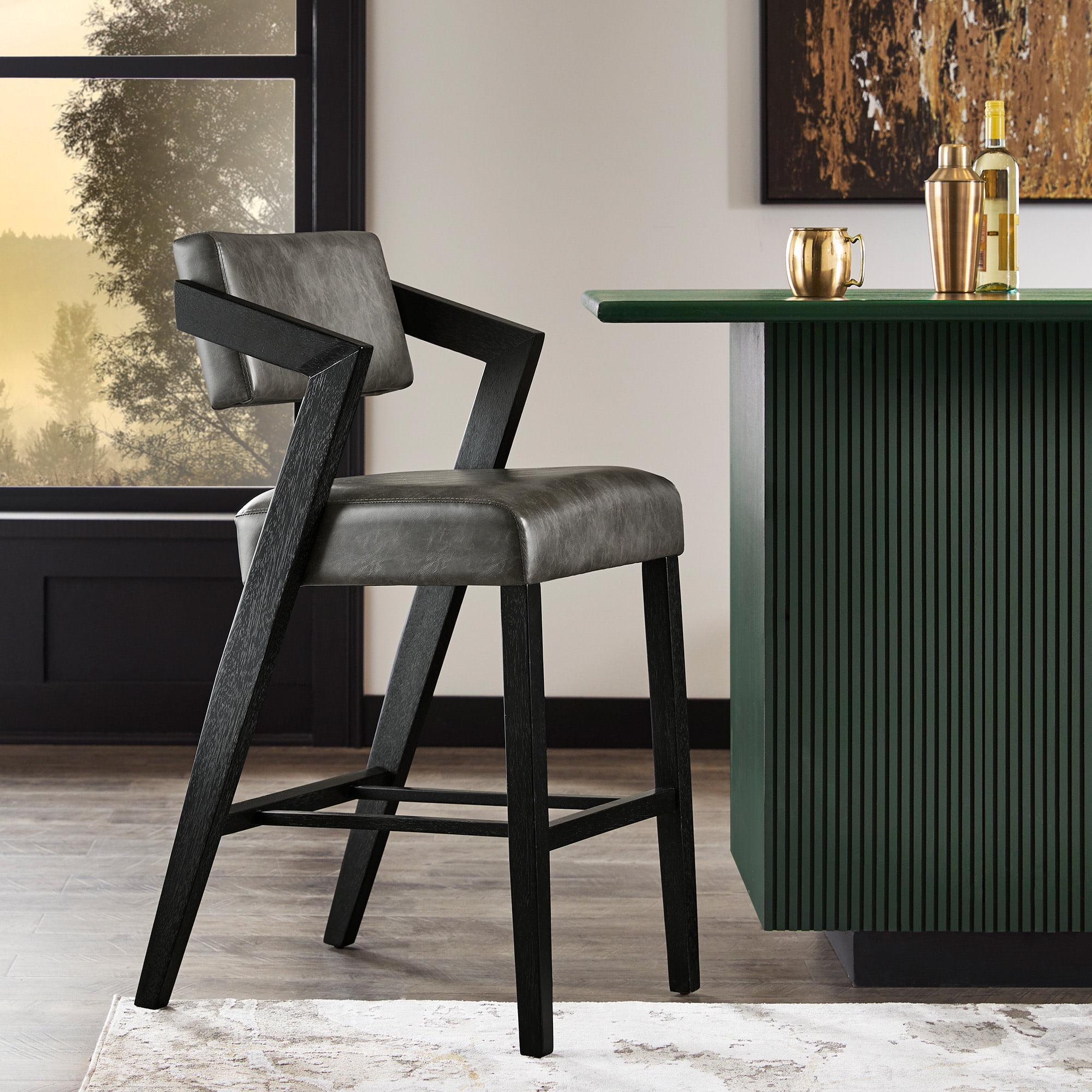 Weston Home Billings Bar Height Chair, Black Wash Frame & Charcoal Vegan Leather Finish