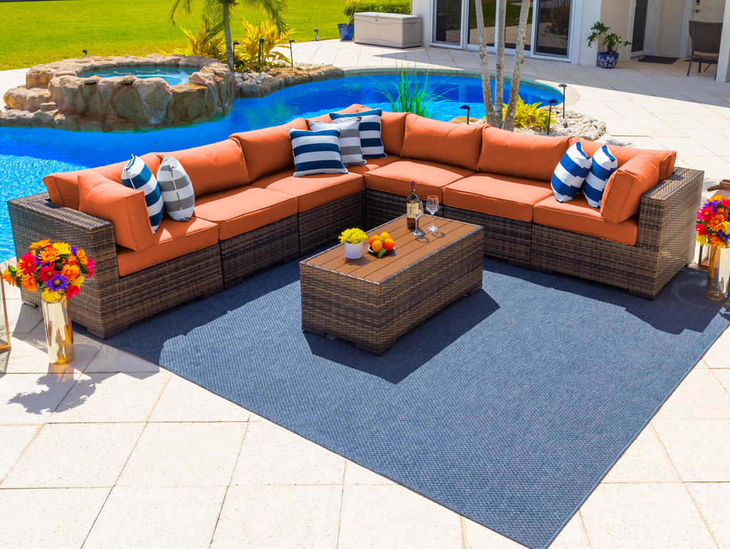 Sorrento 8-Piece Resin Wicker Outdoor Patio Furniture Sectional Sofa Set in Brown w/ Seven Sectional Seats and Coffee Table (Flat-Weave Brown Wicker, Sunbrella Canvas Tuscan) - image 1 of 4