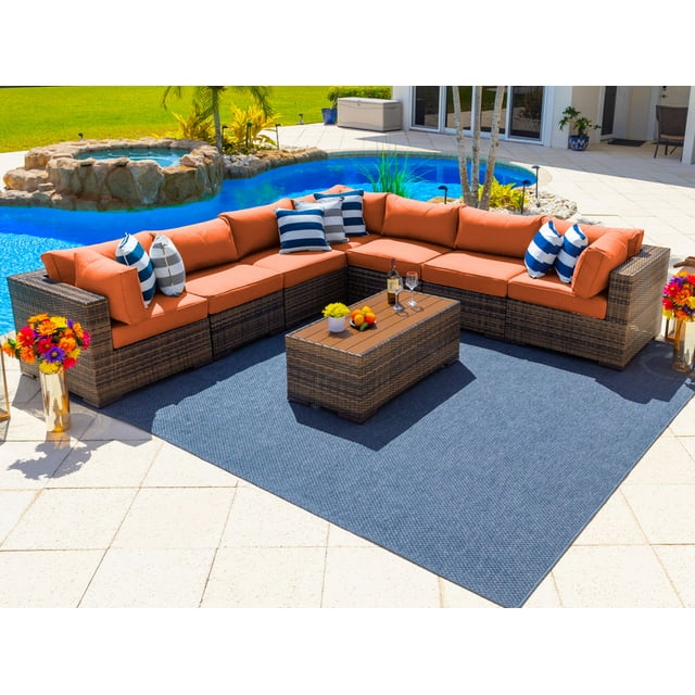 Sorrento 8-Piece Resin Wicker Outdoor Patio Furniture Sectional Sofa Set in Brown w/ Seven Sectional Seats and Coffee Table (Flat-Weave Brown Wicker, Sunbrella Canvas Tuscan)