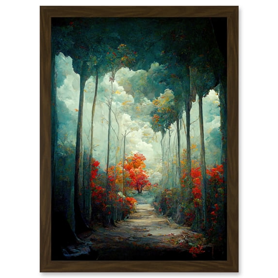 Autumn Forest Path Landscape Scene Painting Artwork Framed Wall Art Print A4