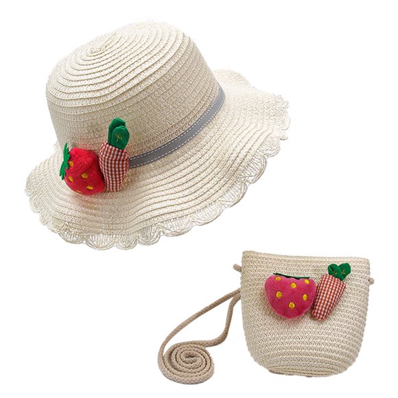 Conjunto de sombrero de paja y cartera de paja con protección solar para niños con circunferencia de la cabeza de 50 a 54 cm, linda decoración de fresa, sombrero para el sol de verano Beige blanco