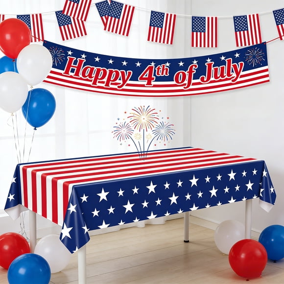 Plastics Tablecloth, Patriotic Themed Tablecloth 54 Inches X 108 Inches Americans Flag Plastic Tablecloth for Independence Day Veterans Day Picnics and Party Supplies