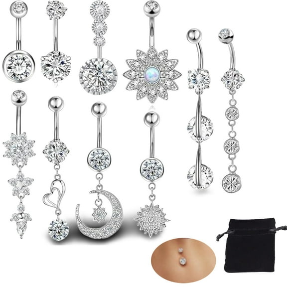 10 PCS 14G Surgical Steel Belly Button Rings, Hypoallergenic Dangle Navel Jewelry with Heart & Floral Designs, Long/Short Bar Piercing Set for Daily Wear & Gift Giving
