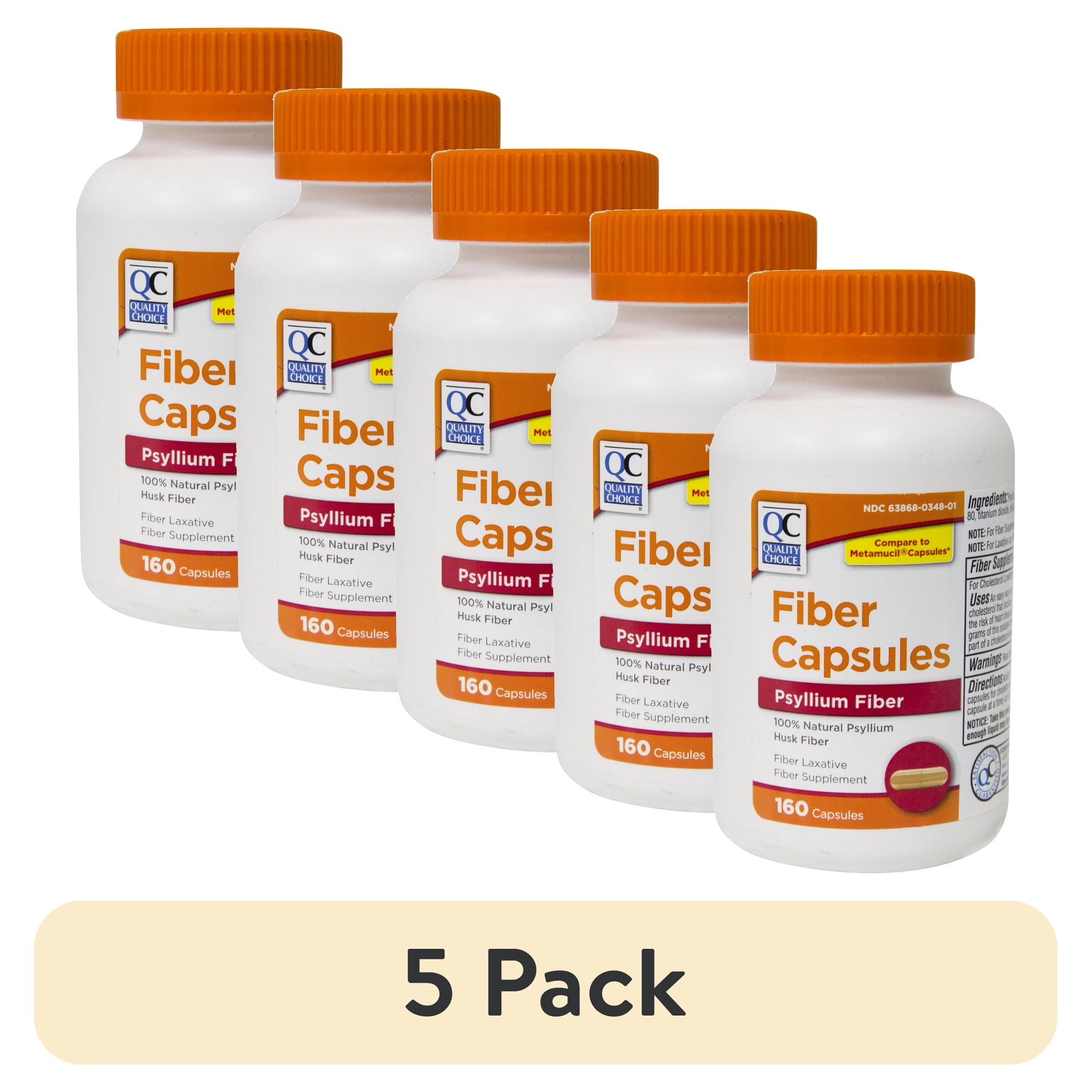 (5 pack) Quality Choice Fiber Capsules 100% Natural Psyllium Husk 160 Each