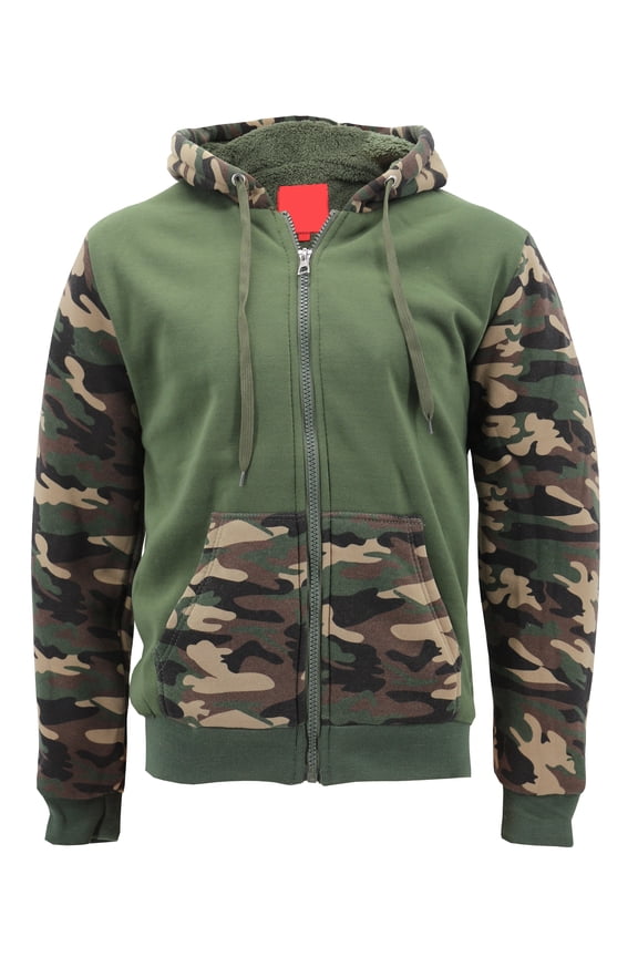 Men's Army Camo Zip Up Sherpa Hoodie Fleece Hunting Sweater Jacket (Green/Camo, L)