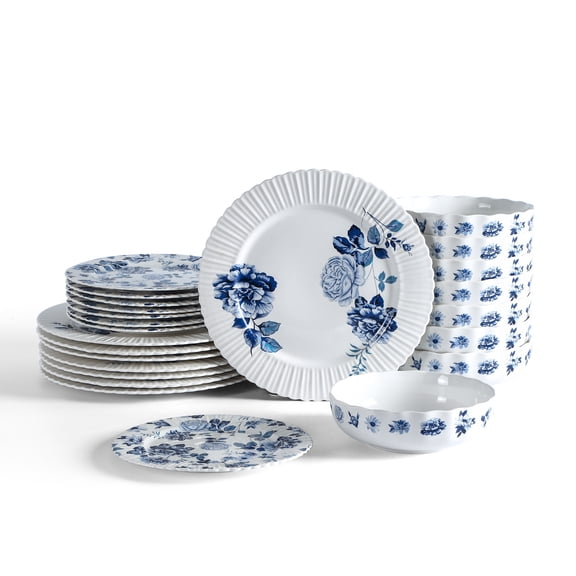 Stone Lain Fiore 24-Piece Dinnerware Set New Bone China, Service for 8, Blue