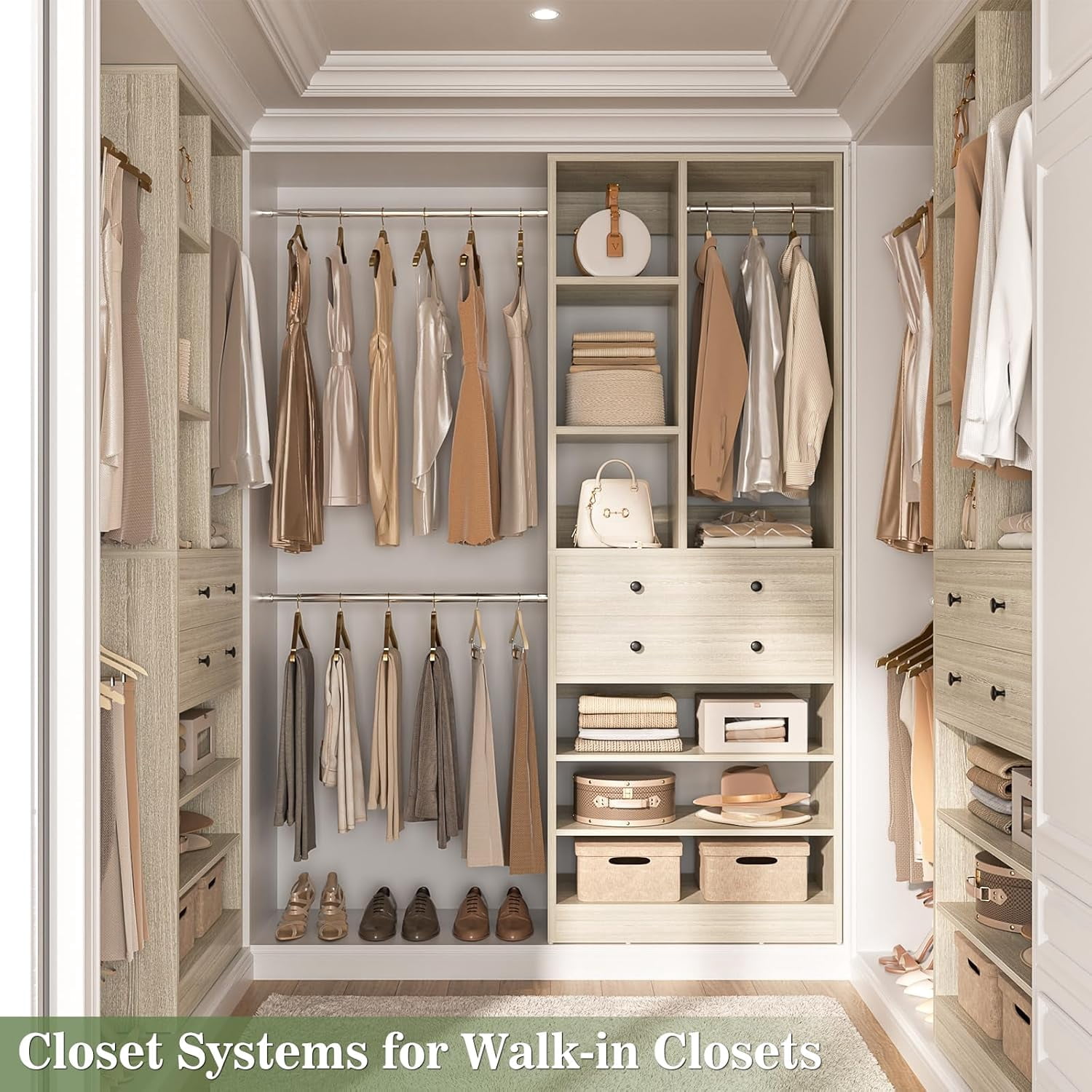 Homieasy Closet System, 2.4–8.8 FT Closet Organizer System with 2 Drawers, 5 Hanging Rods and Shoe Racks for Walk-in Closet, Bedroom, White Oak