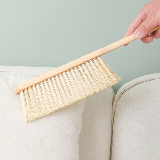 Cepillo amarillo de cerdas suaves para limpiar sábanas con mango largo de madera | Elimina residuos y pelos de muebles, sofás y colchas | Plumero de 36 cm