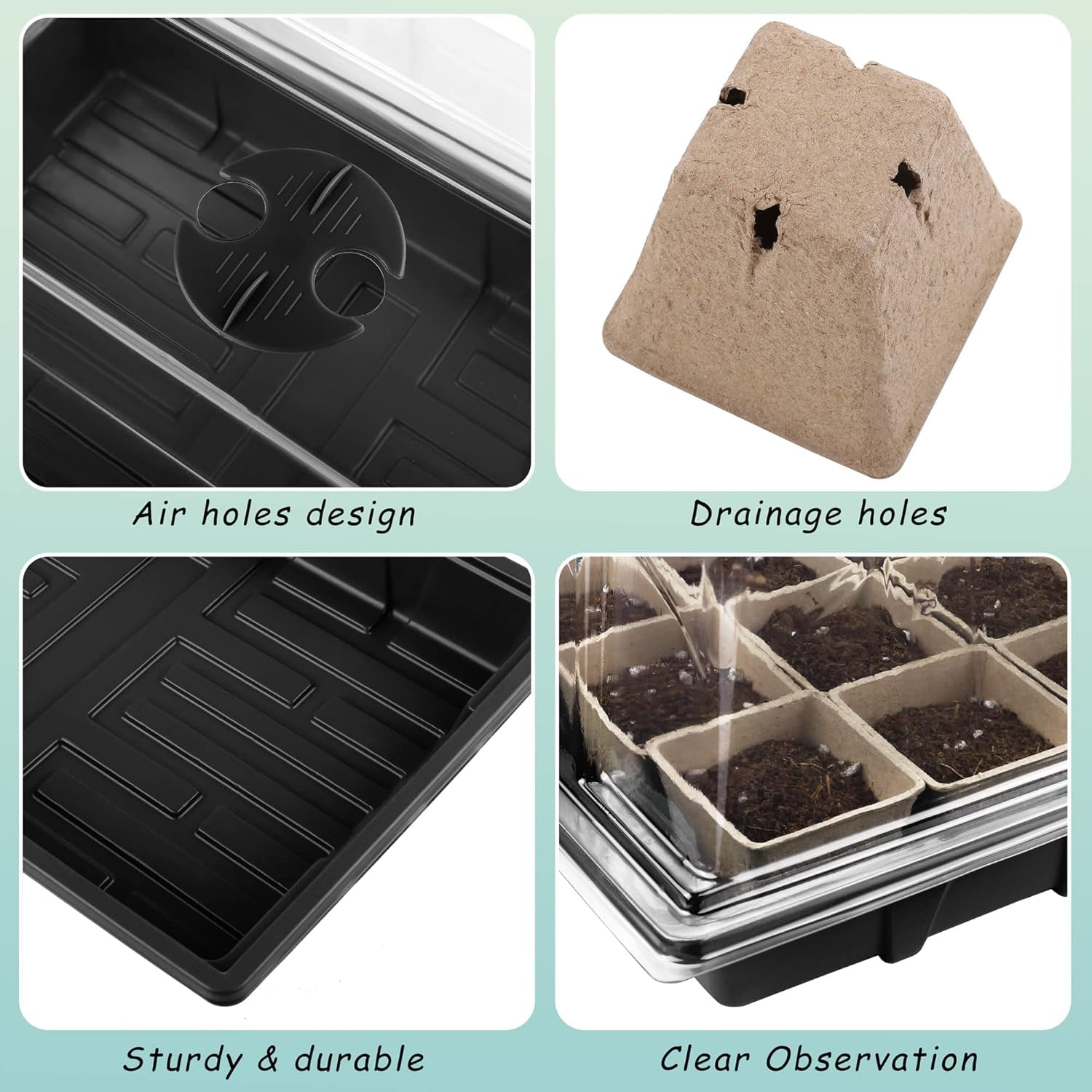 Seed Starter Tray Kit, 120 Square Seed Peat Pots for Seedlings with Plants Labels, Planting Tools, Plastic Growing Germination Trays with Lids for Indoor Outdoor Gardening