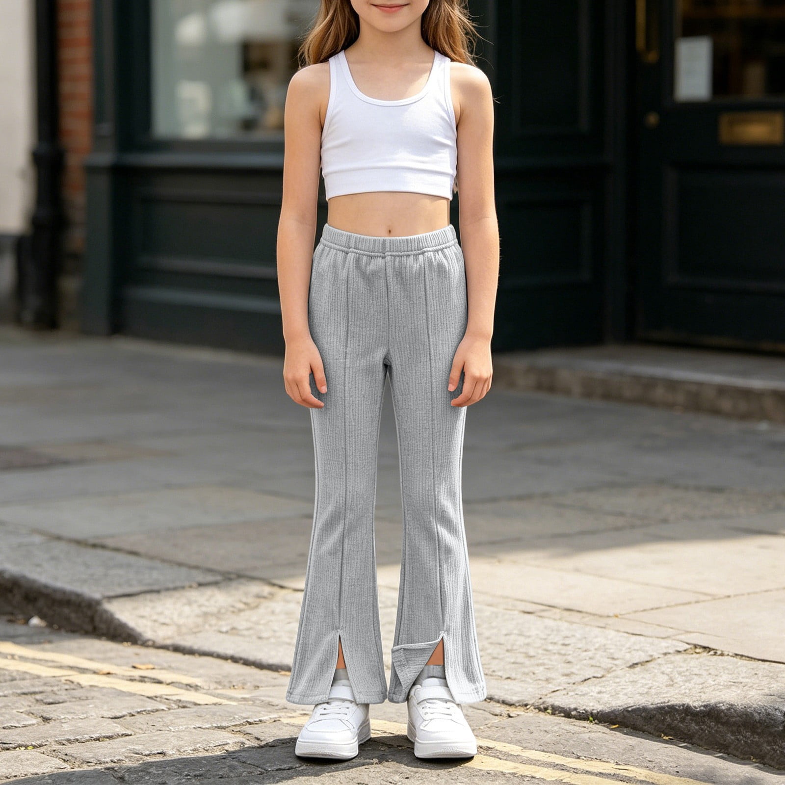 Ruyang Kids Girls Ribbed Knit Flare Pants Split Hem Loose Fit Bell Bottoms Soft Sweet Lightweight Casual Pull on Trousers
