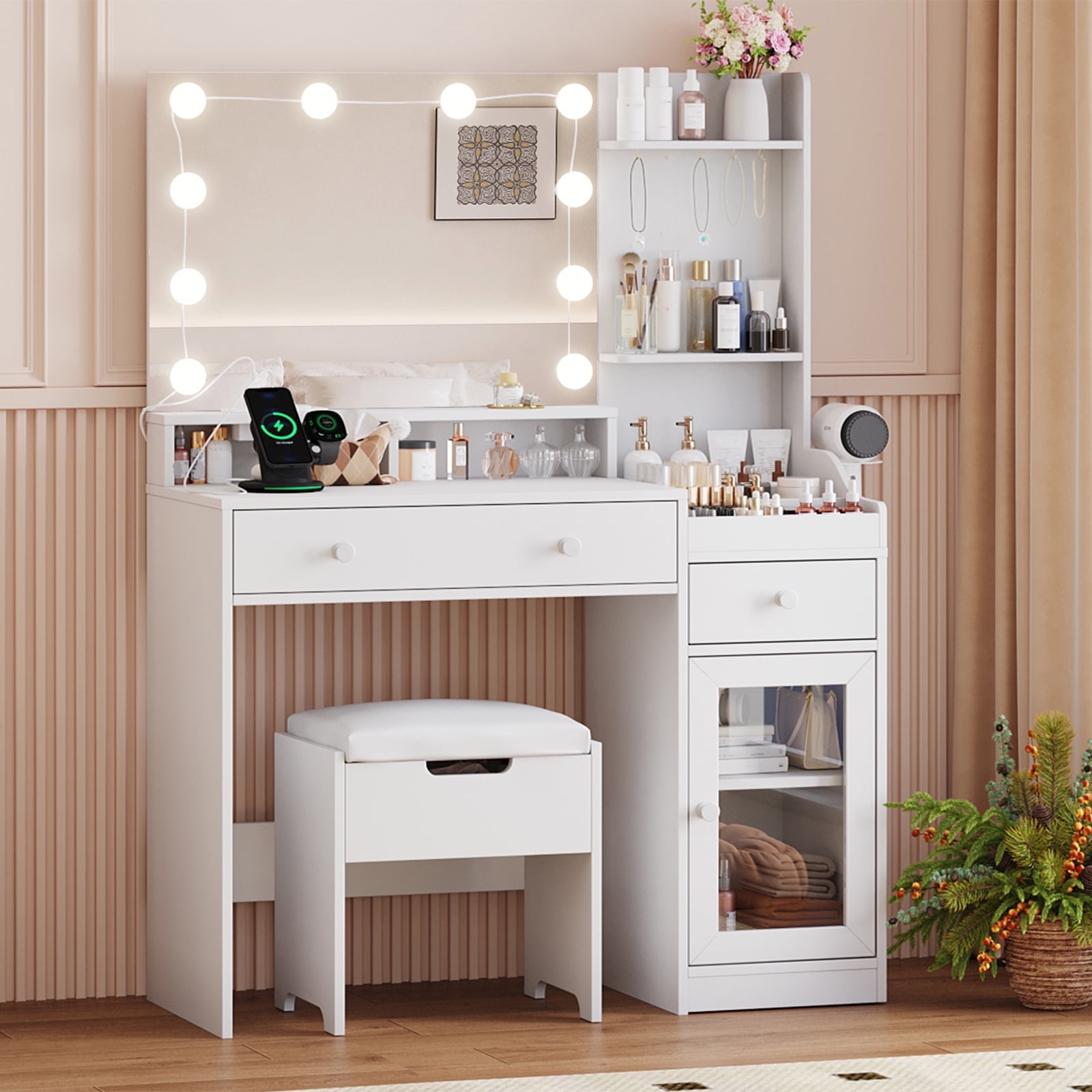 Veanerwood 39.8" White Vanity Desk with Mirror & LED Lights photo 8