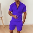 thumbnail image 2 of 2 Piece Short Sets for Men Summer Beach Outfits Striped Texture Zipper Shirts & Shorts Casual Vacation Set, 2 of 5