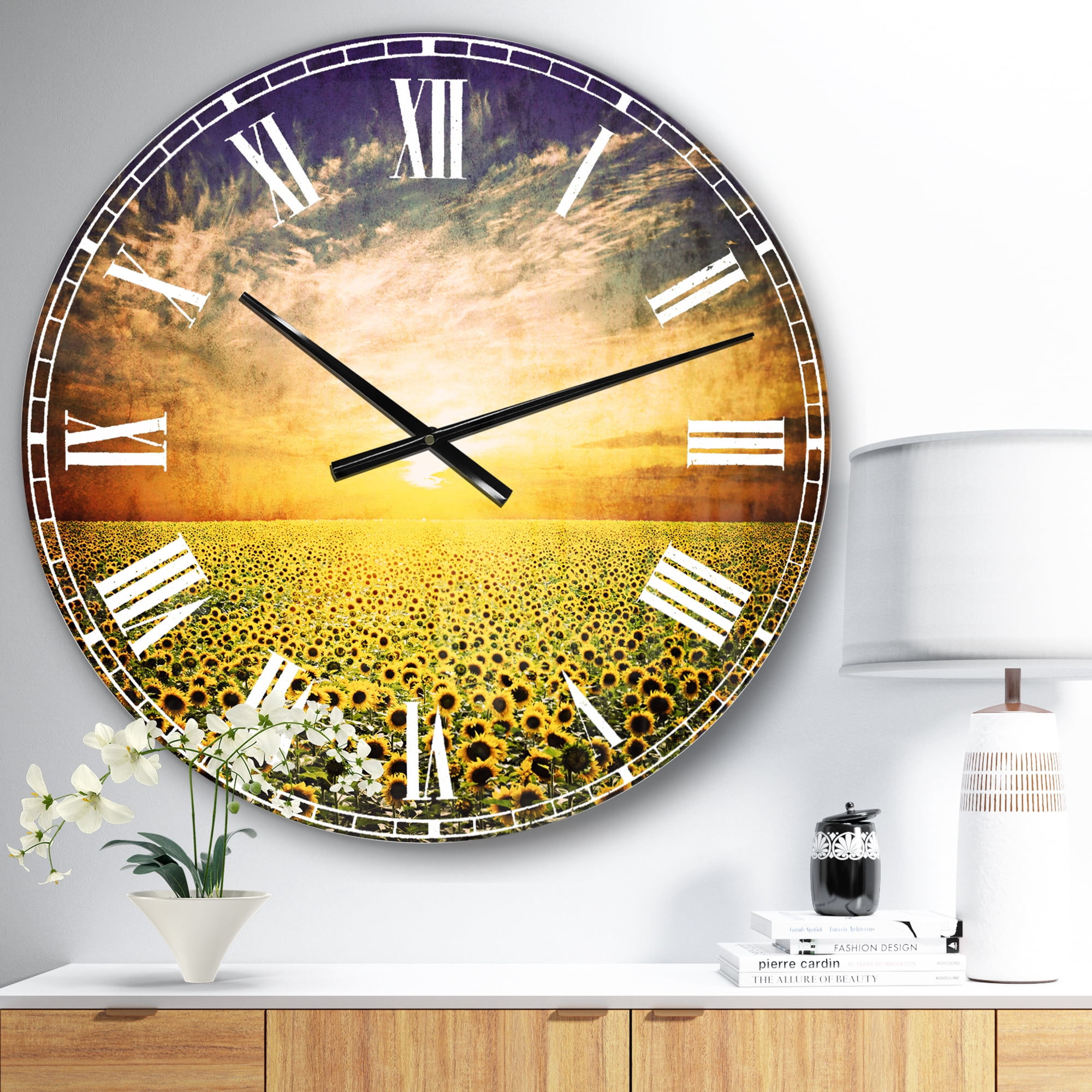 Designart 'Beauty Sunset over Sunflowers Field ' Modern wall clock