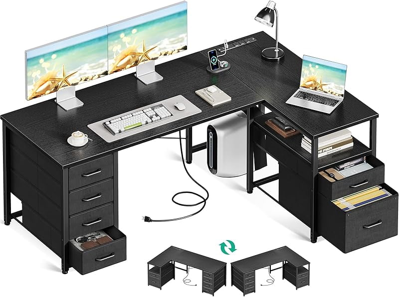 OXYLIFE 55 Inch Reversible Home Office Desk, Wood L-Shaped Corner