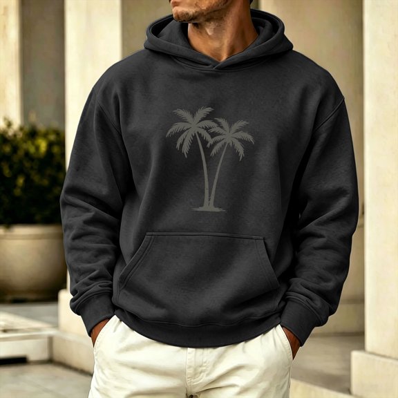 Zylanna Men's Pullover Hooded Sweatshirts with Front Pocket, Soft & Comfy Palm Tree Solid Hoodies Long Sleeve Casual Outdoor Basic Top for Men Black