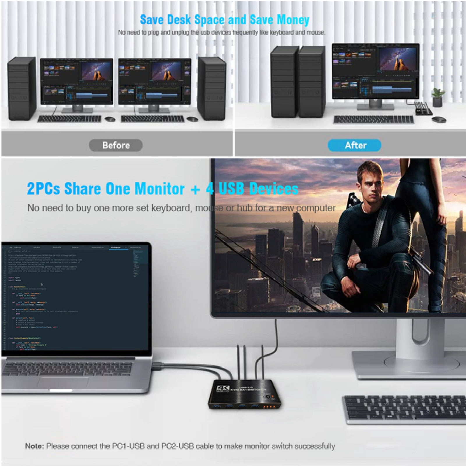 JIAHAOO USB 3.0 HD KVM Switch 4K 60Hz 2 in 1 Out for Dual Systems Metal Shell Plug and Play Quick Switching Peripheral Control