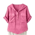 thumbnail image 3 of Sevevn Women's V-Neck Short Sleeve Loose Button Imitation Cotton And Linen Tunic Summer Hooded Work Clothes Shirt Blouse Summer Hot Pink M, 3 of 6