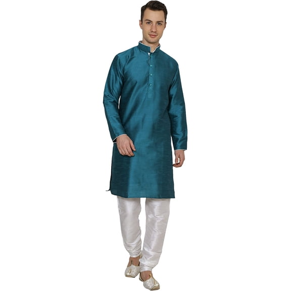 Royal Kurta Mens Loop Button Dupion Silk Kurta Churidaar Green