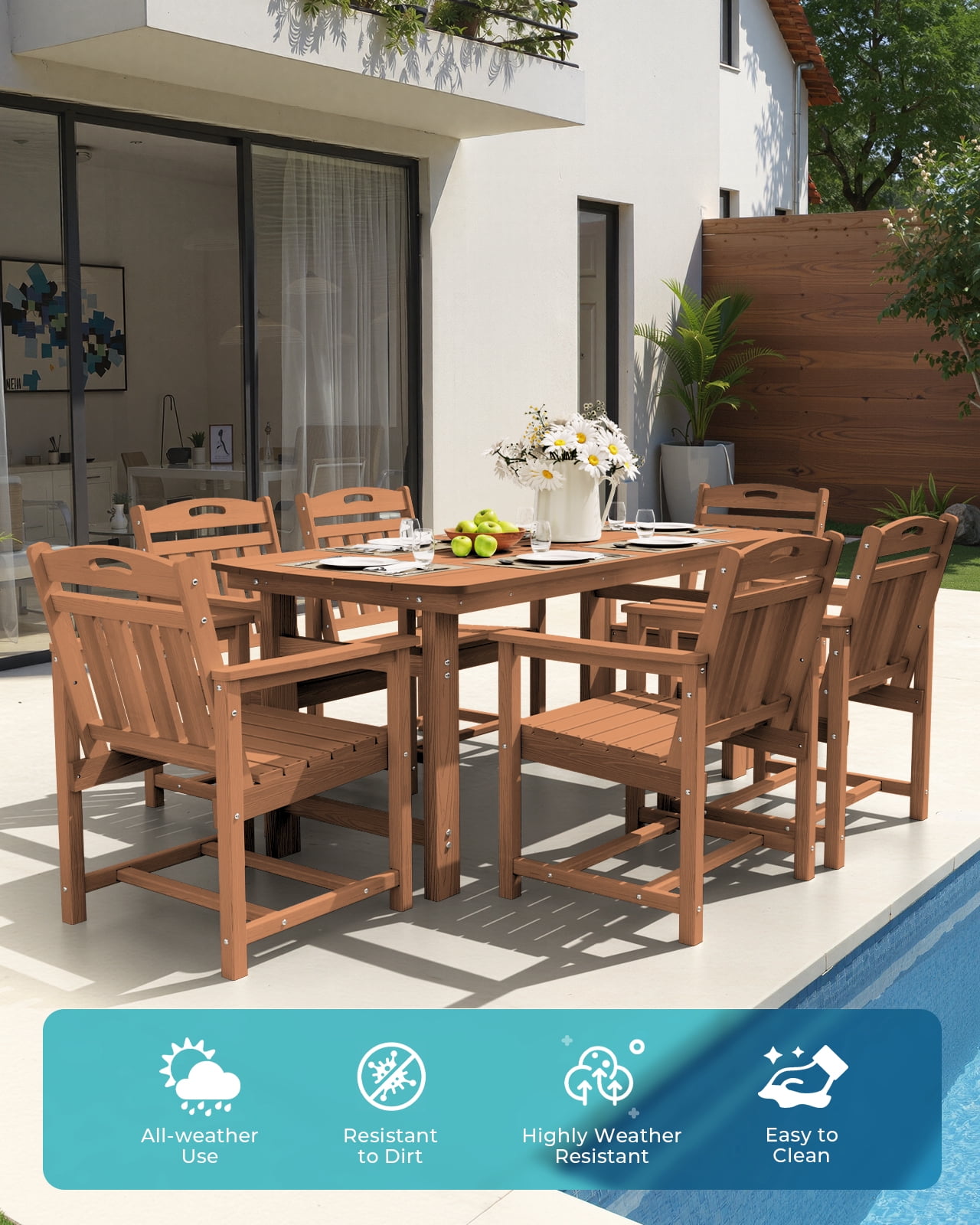 Harbweb 7pc HDPE Outdoor Dining Set, All-Weather Wood Grain Patio Furniture, Teak