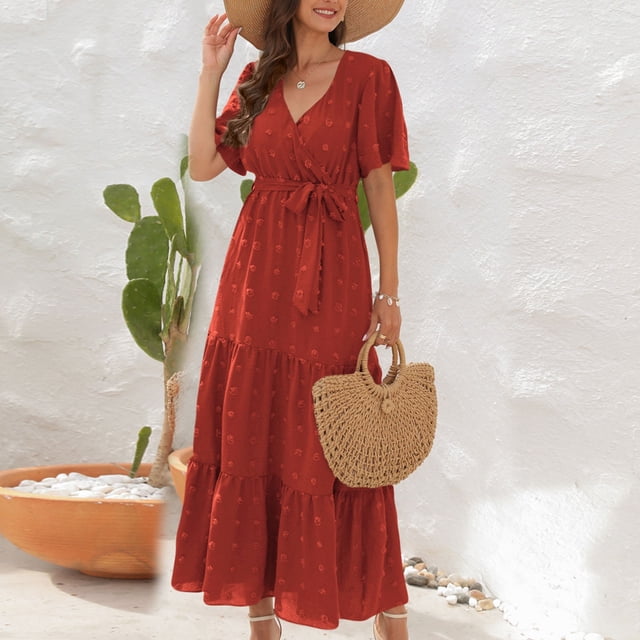 LOVZFMLL Robe Bohème d'Été pour Femme à Manches Courtes, Col, Taille Haute, Longue, Rouge Melon D\'eau, L
