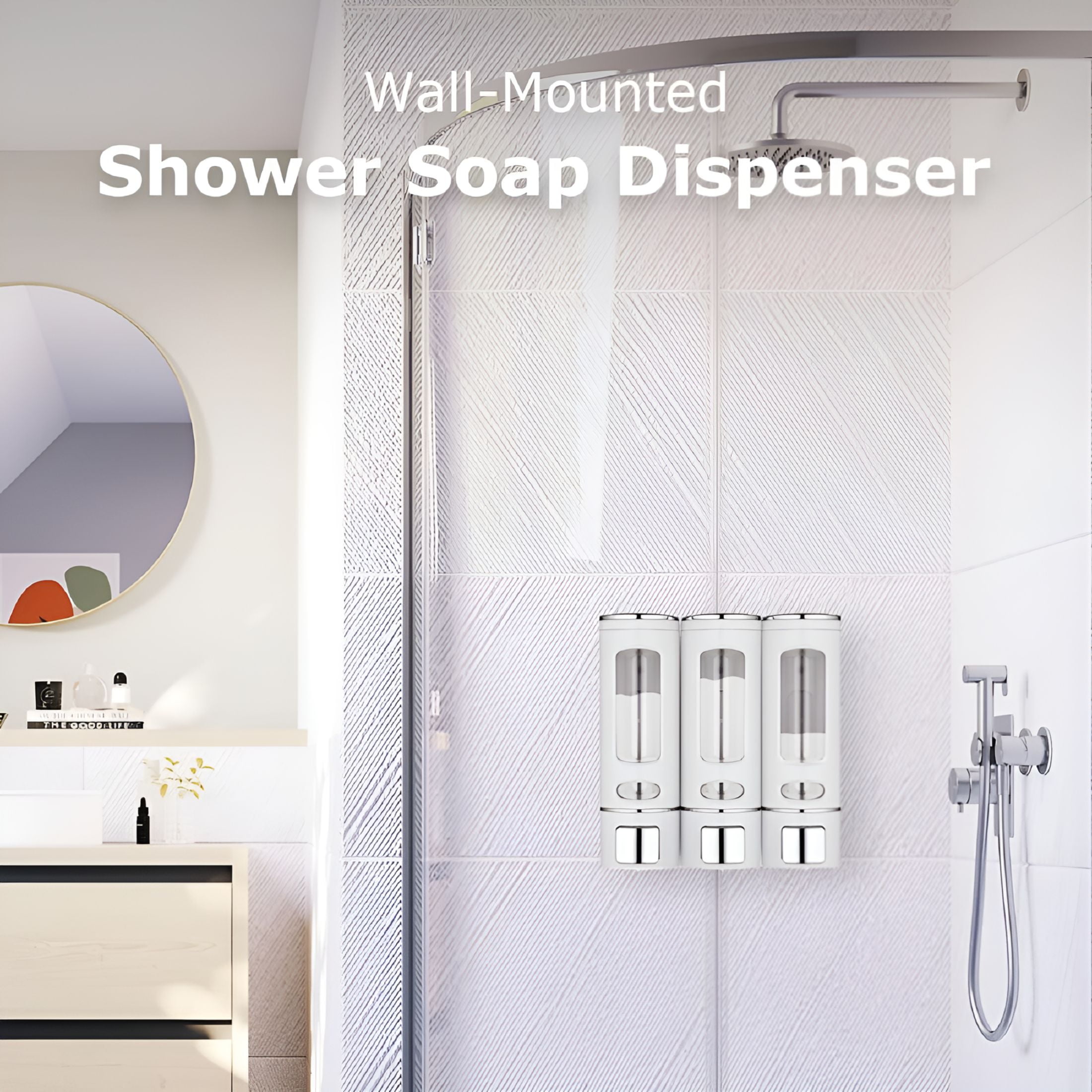 ACDANC 2026 New Soap Dispenser Bathroom Wall Mounted Shower Shampoo Dispenser 3 Chamber No Drill Triple Shower Soap Dispenser Set Pump Dispenser for Shower Gel Body Wash Dispenser White