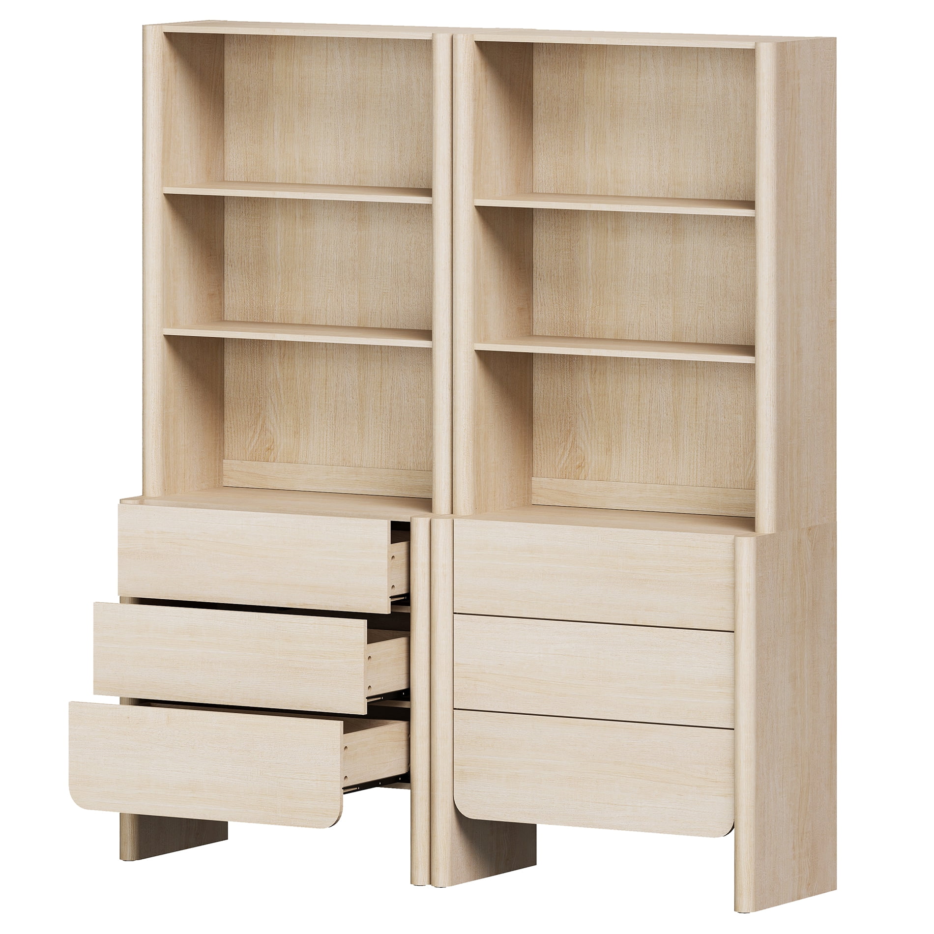 63-Inch Modern French Bookcase with Curved Edges, 6 Drawers and Open Shelving, 72.8" Tall, Beige