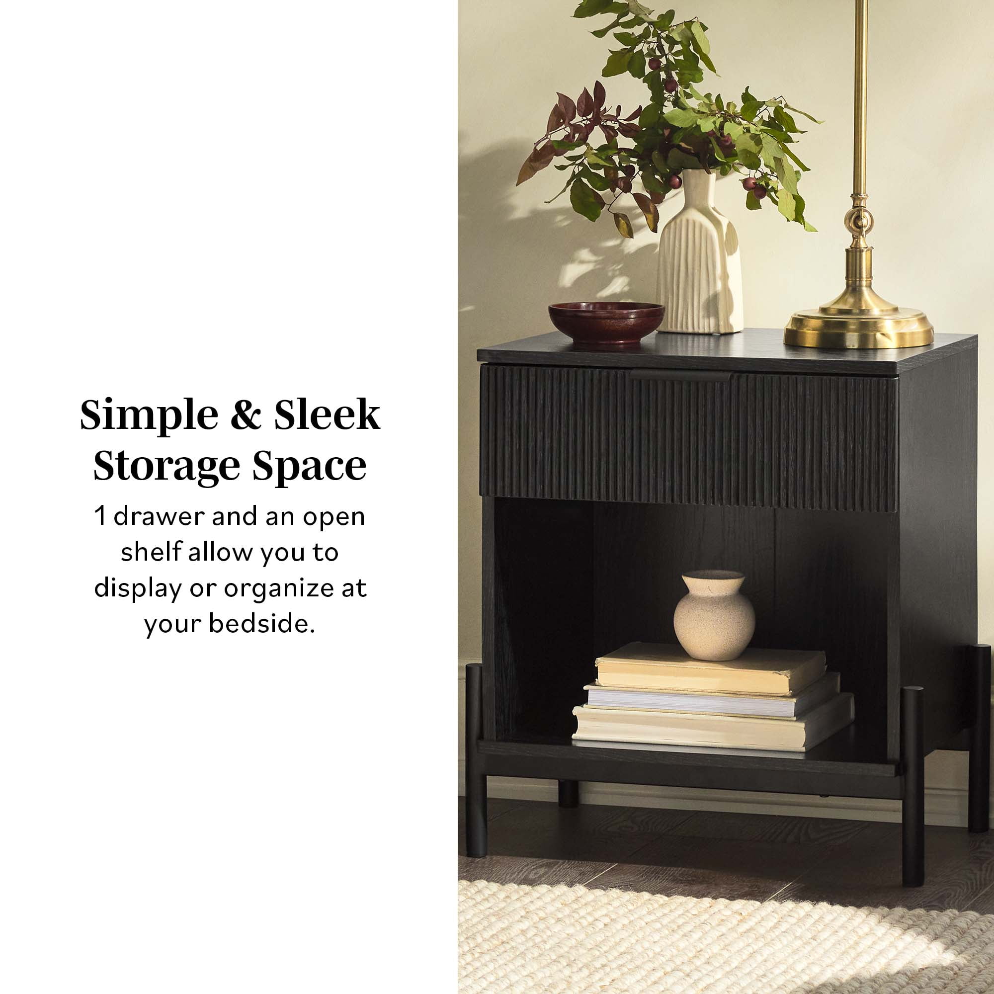 Walker Edison Modern Reeded-Front 1-Drawer Nightstand, Black
