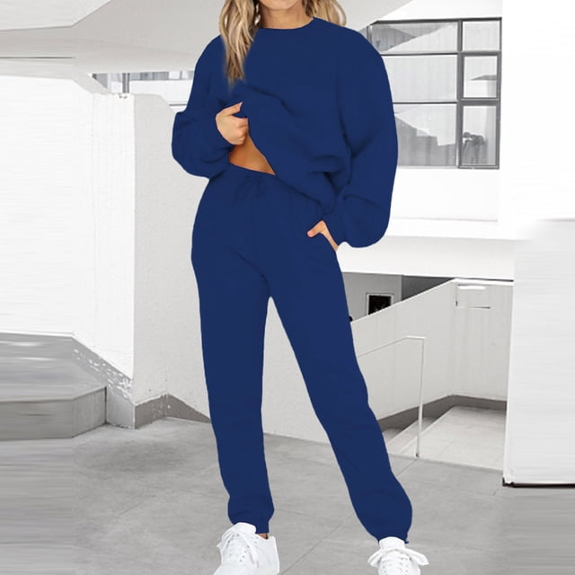 asjyhkr Ensembles 2 Pcs pour Femmes Chandails à Col Rond à Manches Longues Pantalons de Survêtement à Taille à Cordon Ensembles Décontractés Thermiques de Course et d'Entraînement