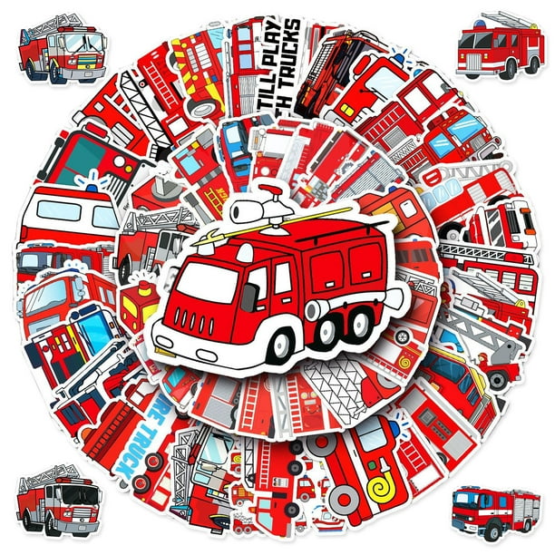 Pegatinas de bomberos, pegatinas de camiones de bomberos, 50 piezas de pegatinas de vehículos para niños impermeables y reutilizables para coche, portátil, maleta, patineta, bicicleta,