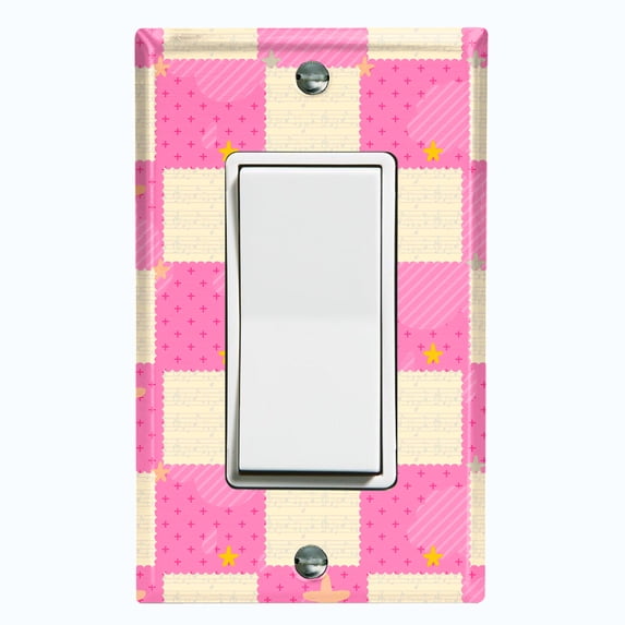 Metal Light Switch Wall Plate Outlet Cover (Pink White Toy Chest Box Check Pattern - Single Rocker)