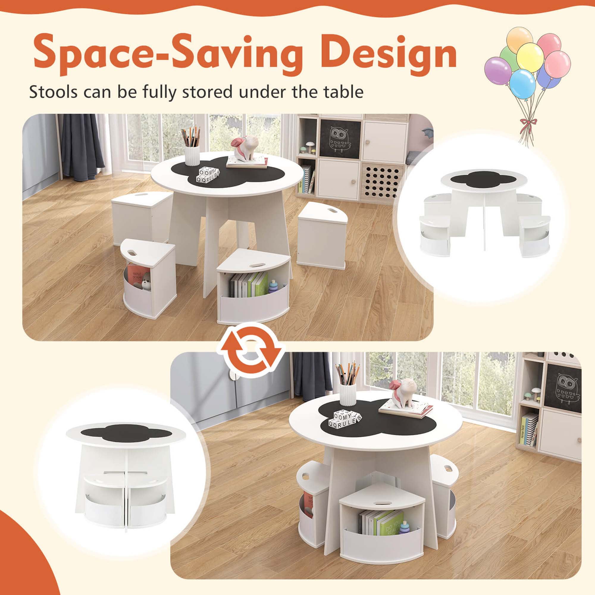 Costway 5 PCS Kids Table and Chair Set with Writable Blackboard Desktop Toddler Table